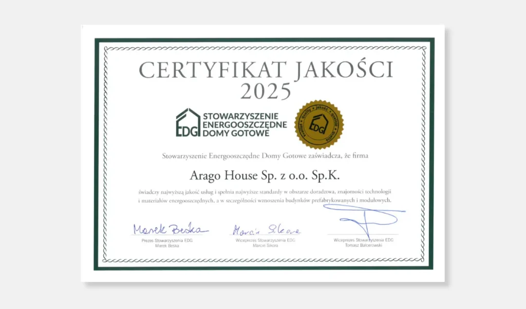 Certyfikat Jakości Stowarzyszenia Energooszczędne Domy Gotowe